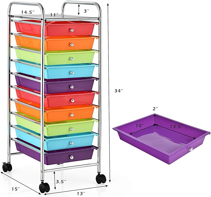 Giantex 10 Drawer Rolling Storage Cart Scrapbook Paper Office School Organizer