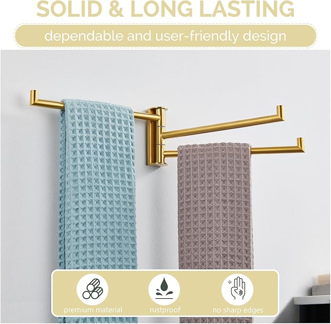 Angle Simple Swivel Hand Towel Rack, SUS 304 Stainless Steel Foldable 3 Towel Holder Bars for Bathroom Kitchen, Brushed Gold