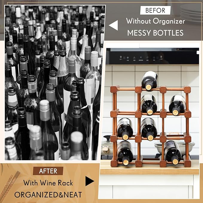 Juexica 1 Pcs 12 Bottles Wooden Wine Rack for Inside Cabinet Stackable Countertop Modular Wine Storage Rack DIY Assembly Bottle Holder for Cellar (Wooden Color)