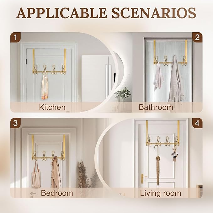 Double Prong Over The Door Hook Rack, with 4 Triple Hooks to Hang Your Coats, Hats, Towels, Purses and More in Your Bathroom, Bedrrom or Walk-in Closets - Gold