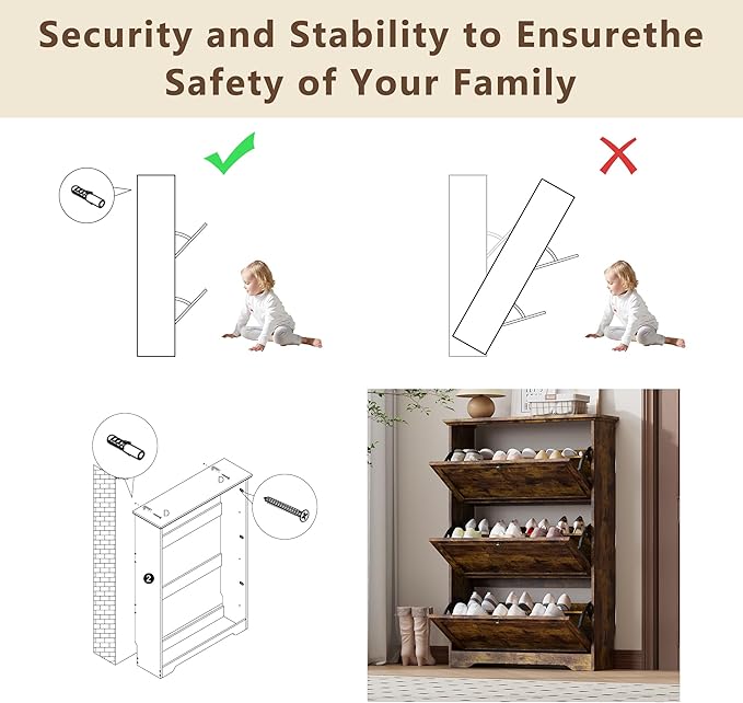 3 Flips Shoe Cabinet for Entryway, Narrow Shoe Storage Cabinet with Adjustable Shelves, Wooden Space-Saving Organizer and Rack for Foyer, Closet, Hallway