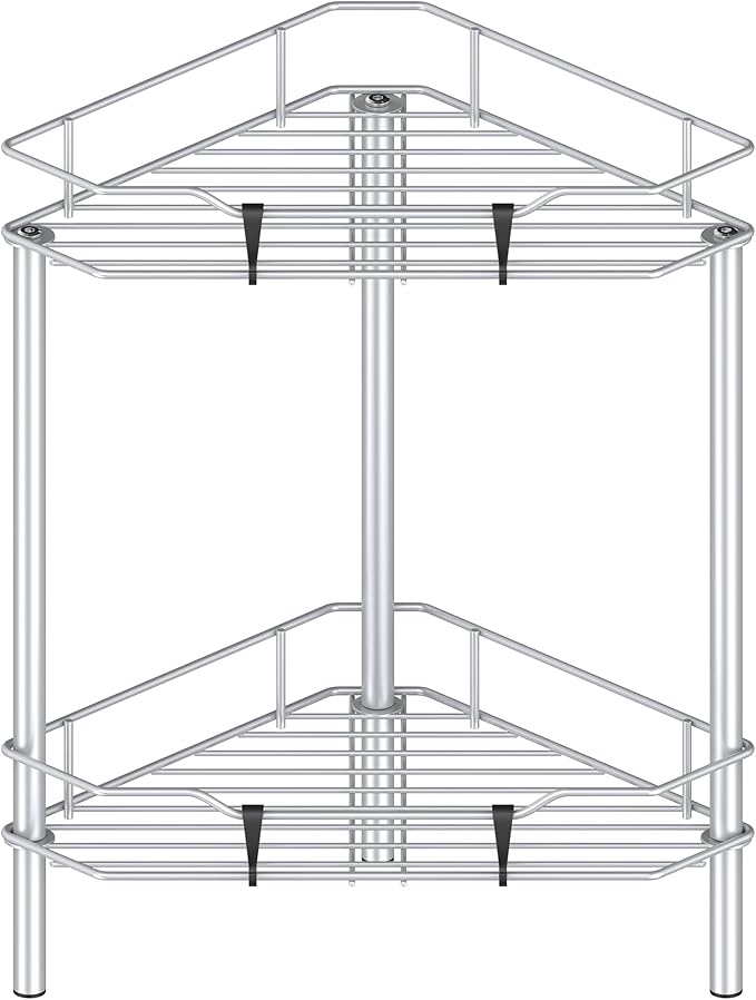 2 Tier Floor Standing Corner Shower Caddy Organizer Shelf with Hooks, Bathroom Shelves Stand Rack, Silver
