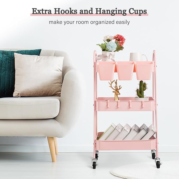 Danpinera 3-Tier Rolling Cart, Metal Storage Cart with Lockable Wheels, Hanging Cups & Hooks, Mobile Trolley for Kitchen, Bathroom, Office, Workshop, Pink-NeatNest