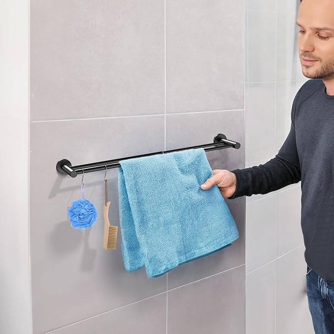 Adjustable Double Bath Towel Bar 16 to 27.6 Inch,ZUEXT Oil Rubbed Black Stainless Steel Towel Holder Hanger, Expandable Wall Mounted Towel Rail for Bathroom Kitchen, 1" Tube Towel Rail Racks w/Hooks