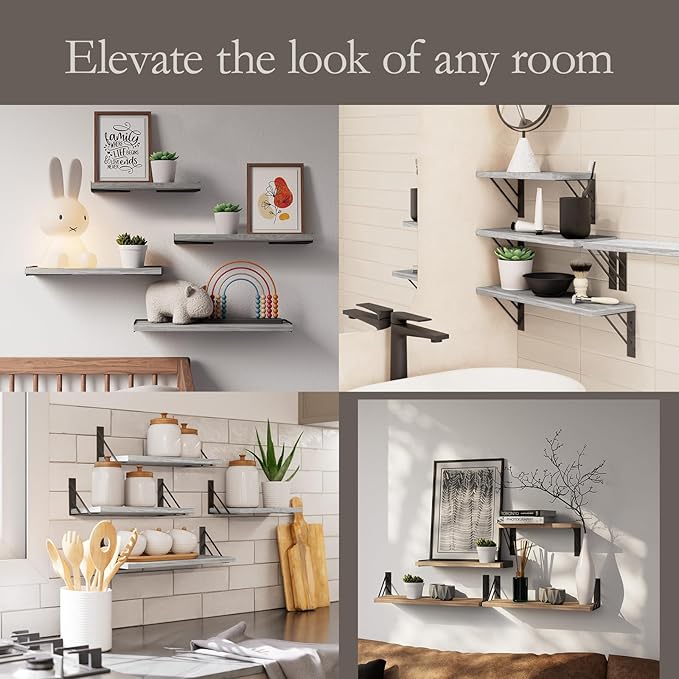 BAYKA Wall Shelves for Bedroom Decor, Floating Wall Shelves for Living Room Kitchen Storage, Wall Mounted Rustic Wood Floating Shelves for Kids Books, Corner Shelf for Bathroom(Gray White,Set of 4)-NeatNest