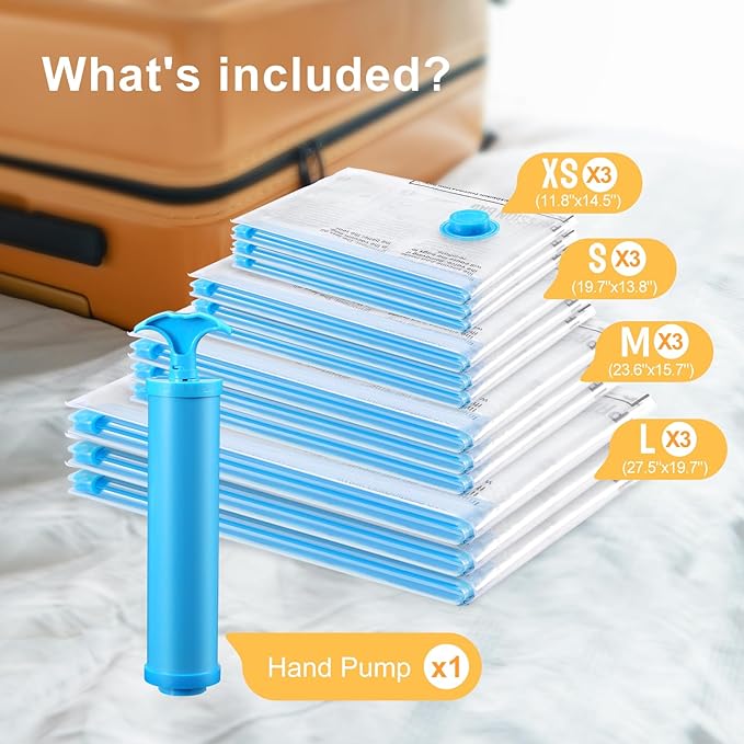Vacuum Bags for Travel, 12 Pack with Hand Pump, Space Saver Vacuum Storage Bags, Travel Essentials, Clothes, Blankets, Pillows-NeatNest