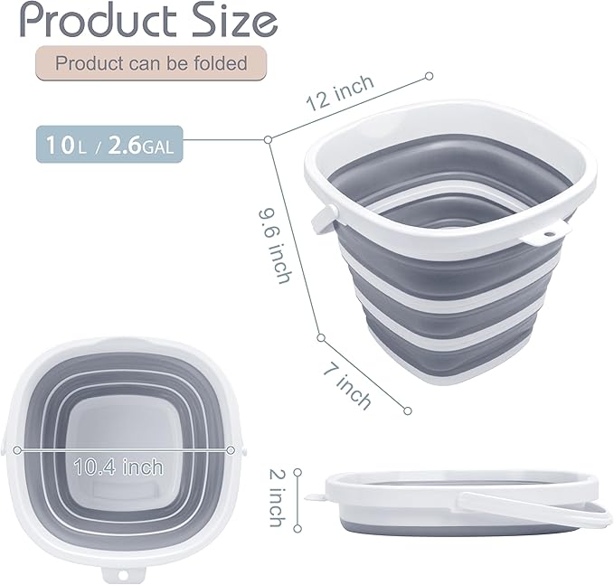 Collapsible Bucket, 2.6 Gallon (10L) - Square Foldable Mop Bucket for House Cleaning, Car Washing, Camping - Portable Water Pail for Outdoor, RV, Travel (Grey)-NeatNest