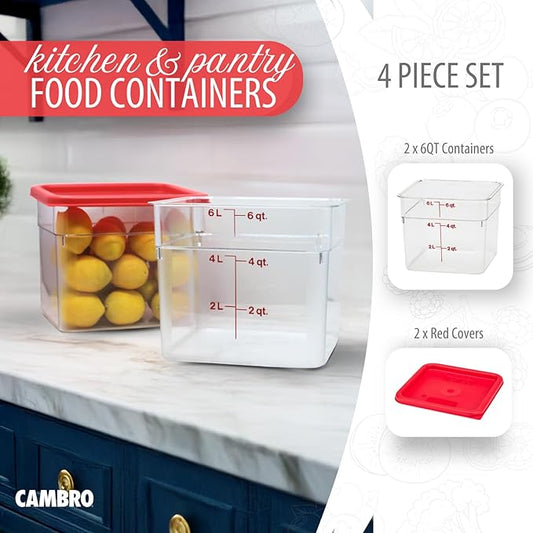 Cambro Food Storage Container with Lid (2 Pack) - Classic Series Square with Red Lid - 6 QT (Quart) - Commercial Grade for Food Prep (Clear)-NeatNest