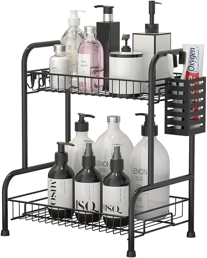 Bathroom Countertop Organizer With Toiletries Basket, 2 Tier Bathroom Counter Storage Rack with Adjustable Feetpad, No-Screw Caddy Stand for Vanity, Sturdy Metal Wire Black, Medium 12.8''L x 7.2''W