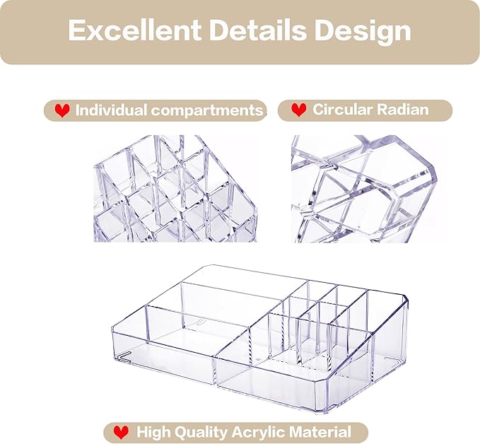Clear Makeup Organizer, Makeup Brushes Storage Case, Cosmetic Display Case Tray, Tiered Skincare Organizer, Acrylic Lipstick Holder Countertop Desk Brush Organizer for Bedroom Vanity-NeatNest
