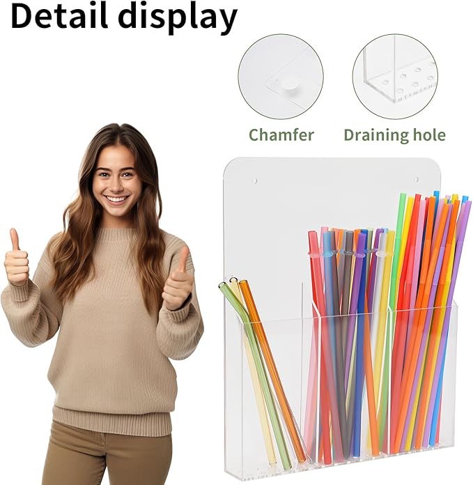 Acrylic Straw Holder for Cabinet, Large Capacity Thickened 9.4"x7.8" Adhesive Cabinet Door Organizer,Drinking Straws Dispenser,Organizer for Cupboard Reusable for Kitchen