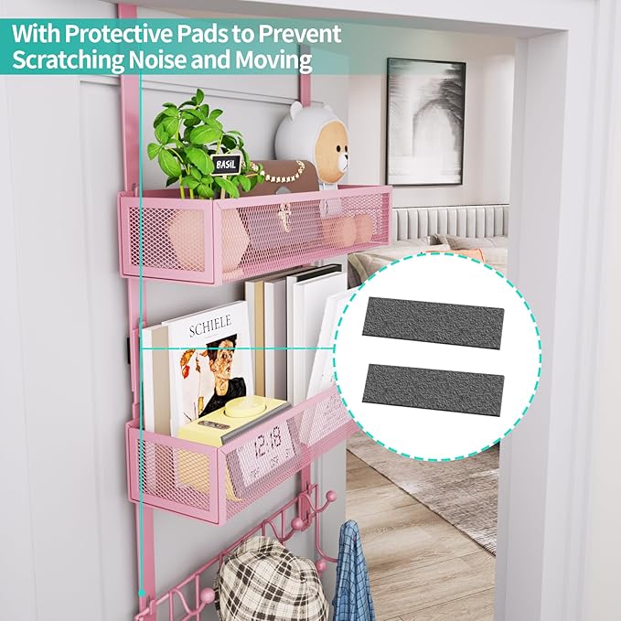 HapiRm Over The Door Hanger with Coat Hooks and 2 Baskets, Rustproof & Waterproof Pink Over The Door Hooks, Storage Organizer for Hats, Bathroom, Kitchen, Bedroom - Pink