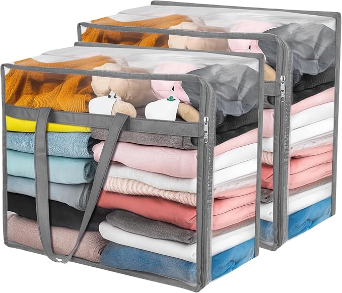 Budding Joy Clear Zippered Storage Bags for Clothes,40L Closet Organizers and Storage Containers Vinyl Moving Bag for Bedding, Linen, Blankets, Comforters, Clothing & Toys, Grey, 2 Pack-NeatNest