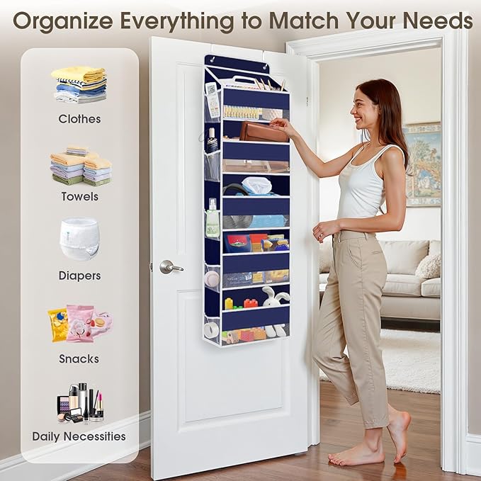 1 Pack Over The Door Organizer, Hanging Storage Organizer with Clear Window, 40lb Ultra Sturdy Large Capacity Room Organizer for Pantry Laundry Bathroom Nursery Closet (Blue)-NeatNest