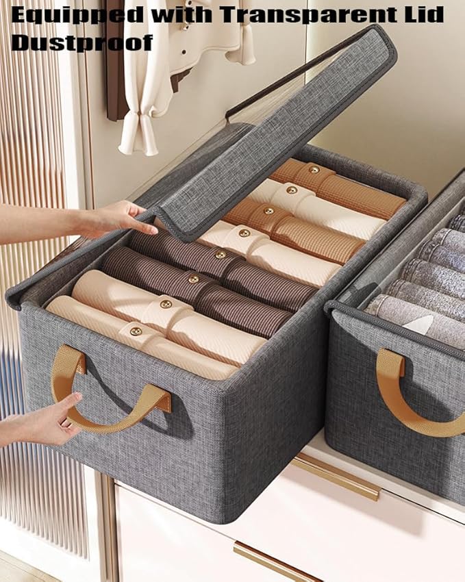 AARAINBOW Closet Clothes Organizer Bins 6 Pc, Fabric Box Storage Shelf Bins Stackable, Foldable Closet Shelf Storage Container with Lid, Fabric Storage Bin with Steel Frame, 23L (6 Gray with Lid)-NeatNest