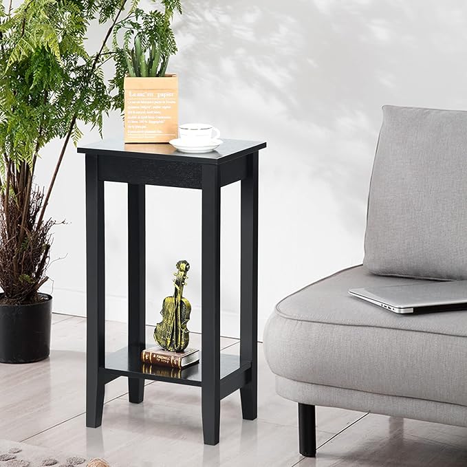 Giantex 2-Tier End Table Tall Nightstand, Simple Design Sofa Bedside Table with Versatile Shelf and Wooden Legs for Small Spaces, Living Room, Study, Bedroom, Narrow Telephone Table, Black