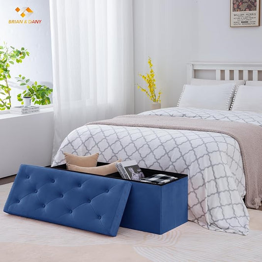 BRIAN & DANY 43 Inches Folding Storage Ottoman Bench, Velvet Ottoman with Storage for Living Room, Long Shoes Bench,Flannelette Footrest Benches Seat (Blue)-NeatNest