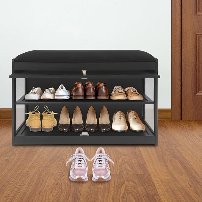 Eapmic Shoe Storage Bench, Entryway Shoe Rack Bench with Padded Seat Cushion, 2-Tier Shoe Cabinet, Bamboo Shoe Organizer for Hallway Bedroom Living Room Front Door (Black, 27.56 * 12.6 * 16.53in)