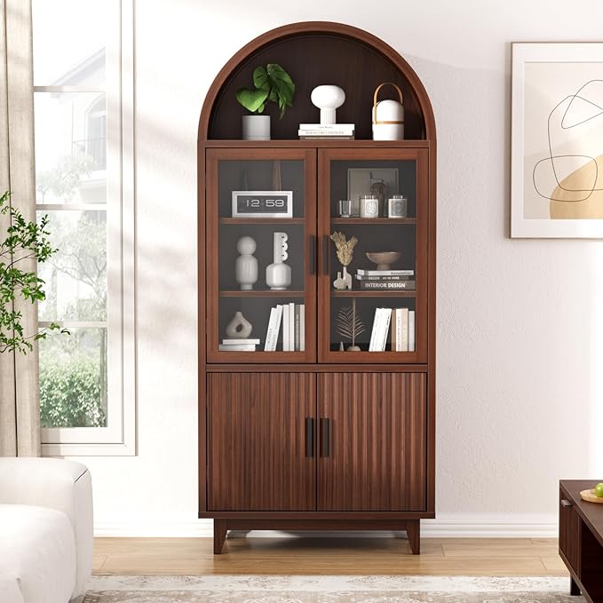 71" Tall Arched Cabinet with Glass Doors, Fluted Pantry Cabinet with Solid Wood Legs, Modern Accent Furniture for Living Room, Kitchen, Dining Room, Entryway, Walnut
