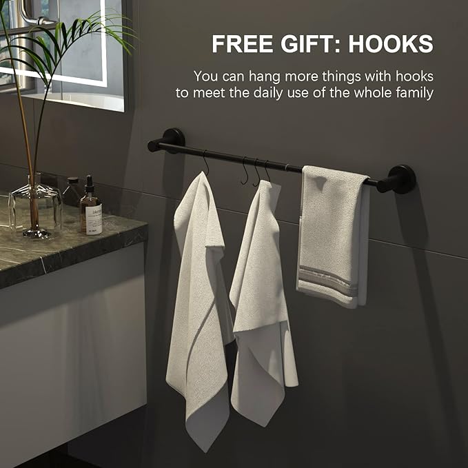 Adjustable Matte Black Bath Towel Bars 16 to 27.6 Inch, iMomwee 304 Stainless Steel Single Towel Rack, Wall Mounted Towel Rail Holder for Bathroom Washroom, Retractable Towel Rod with S Hooks