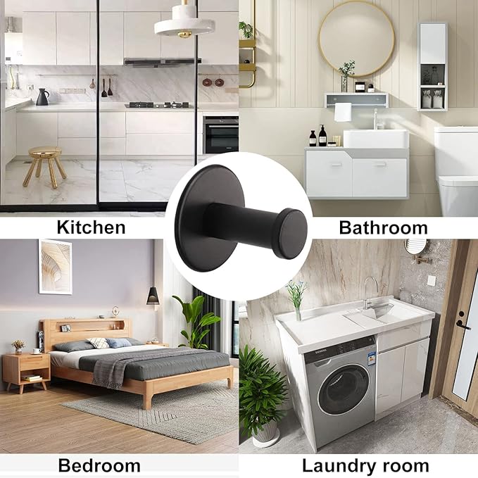 Bath Towel Hooks, 6 Pack Self Adhesive Coat Hooks, Sturdy No Drilling Robe Hook, SUS 304 Stainless Steel Heavy Duty Clothes Hanger, Wall Hooks for Bathroom Bedroom Kitchen (2 in, Black)
