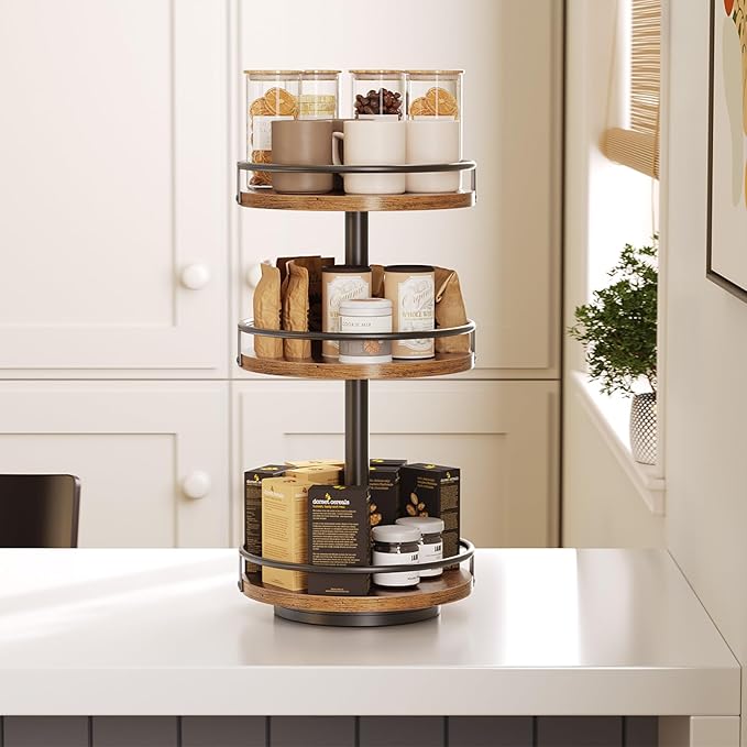 HOOBRO 3-Tier Lazy Susan Organizer, Rotating Spice Rack, Turntable Spice Rack, Vertical Storage Organizer, for Kitchen Countertop, Vanity, Dining Table, Rustic Brown and Black BF09TL01-NeatNest