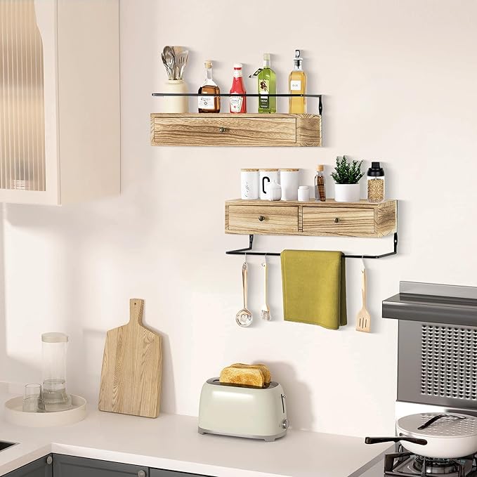 Floating Shelves for Wall Storage, Wall Mounted Bathroom Shelf with Drawers Set of 2, Rustic Wood Wall Shelves for Bedroom, Living Room, Kitchen, Home Decor, Plants, Books-NeatNest