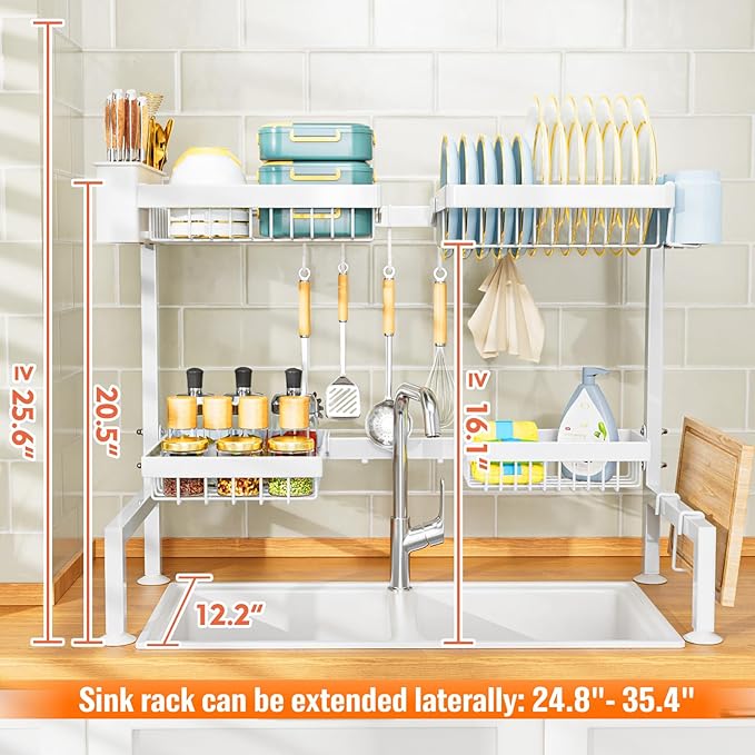 YKLSLH Over Sink Dish Drying Rack, Expandable Large Drying Rack, Suitable for Most Sinks (24.8"-35.4"), Adjustable Metal Rack, Space Saving, White