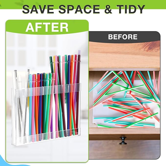 Acrylic Straw Holder for Cabinet Door with Double Sided Adhesive Tape Reusable Straw Organizer Tumbler Storage Kitchen Accessories Container for Counter Cupboard(Classic,Large,Transparent)
