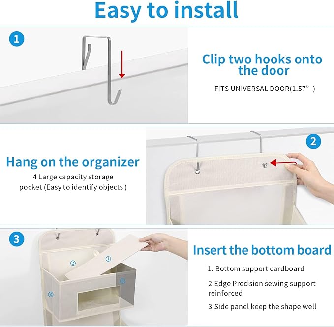 5-Shelf Over The Door Hanging Organizer with 2 Metal Hooks,5 Pocket Over The Door Wall Mount Storage with Clear Windows for Baby Nursery Bathroom Closet,Bedroom,Dorm(Beige-2 Pack)-NeatNest