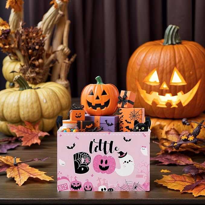 Halloween Basket Gift Cute Pumpkin Ghost Parties Decor Kid Trick or Treat Basket for Boys and Girls Rectangular Storage Bin Box (Pink)-NeatNest