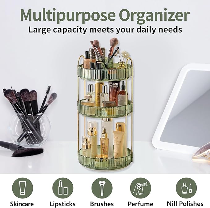 360 Rotating Makeup Organizer,3 Tier Large Capacity Make Up Organizers and Storage,Skincare Perfume Vanity Organizers,Bathroom Cosmetics Storage Organizer Countertop (Green)-NeatNest