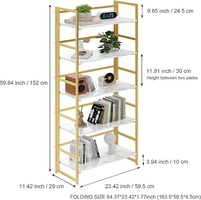 BHG No Assembly Folding Bookshelf for Living Room, 5 Tier Gold Collapsible Book Shelf for Home Office, Portable Bookcase Storage Organizer-NeatNest