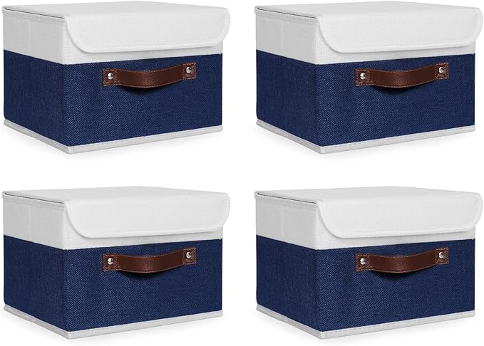 ANMINY 4PCS Storage Boxes with Lid Washable Decorative Storage Bin Basket with PU Leather Handle Foldable Linen Fabric Storage Cube Container for Home Closet Organizer - Deep Blue White, Small Size-NeatNest