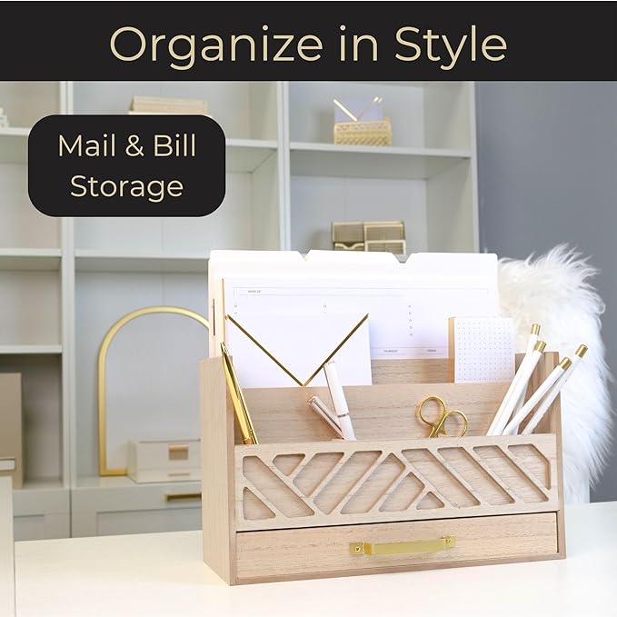 BLU MONACO Natural Mail Organizer with Drawer and Gold Handle – Desktop Mail Holder and Office Supplies Storage – Home Office Desk Accessories – Letter Sorter and Paper Organizer-NeatNest