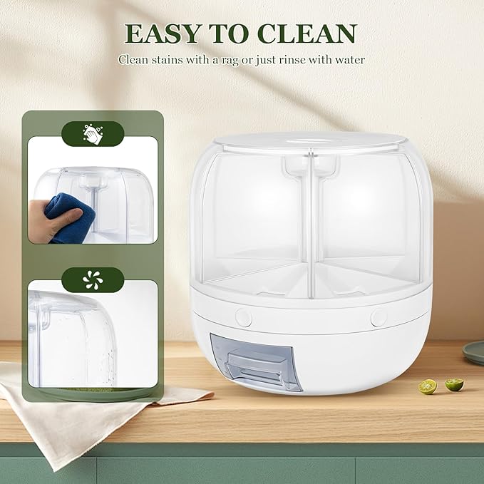 360° Rotating Grains Dispenser, 6 Grids Dry Food Dispenser, Round Multigrain Tank Cup Dry Rice Container with Sealed Lid, Grains Cans Grain Storage Tank for Home Kitchen, Can Hold 13lbs, White-NeatNest