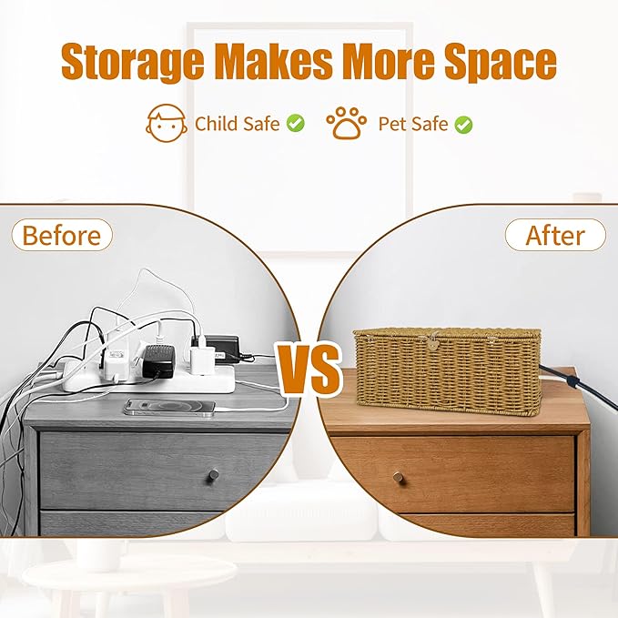 Cable Management Box, Upgrade 2PCS Large & Extra Large Cable Organizer Box, Handmade Rattan Floor Cord Covers with 4 Open Slots, Cord Box Hider for Power Strips, Wires Storage