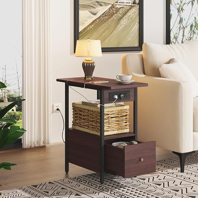 LIDYUK End Table with Charging Station, Narrow Side Table with Drawer and USB Ports & Power Outlets, Nightstand Bedside Tables for Small Spaces, Bedroom, Living Room, Dark Cherry, Set of 2