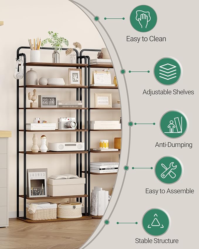 8 Tiers Widened Vertical Shoe Rack, Narrow Shoe Tower, Tall Shoes Shelf with 2 Hooks, Adjustable Shelves, Corner Shoes Shelves for Small Spaces, Entryway, Living Room, Rustic Brown SR12501B-NeatNest