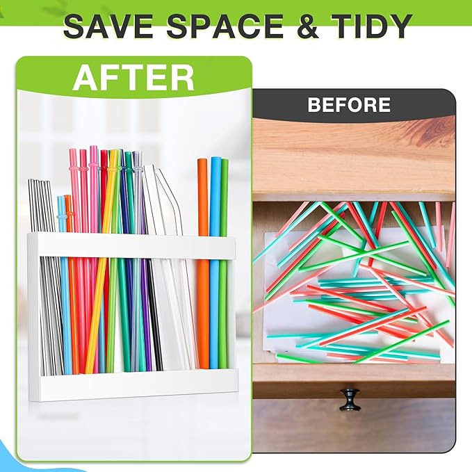 Acrylic Straw Holder for Cabinet Door with Double Sided Adhesive Tape Reusable Straw Organizer Tumbler Storage Kitchen Accessories Container for Counter Cupboard(Classic,Large,White)