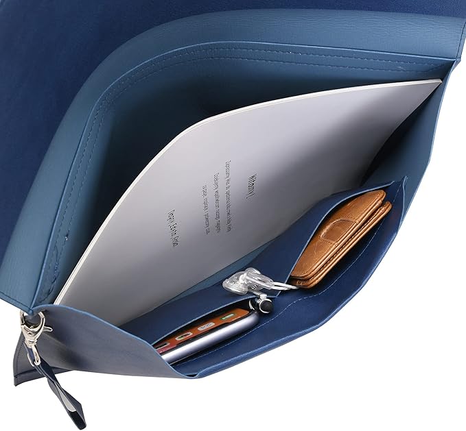 Wonderpool Envelope Case A4 PU Leather File Jacket Pocket Folder Document Case Bag with Removable Hand Strap and 4 Pocket for Documents Tablet Phone Stationery (Dark Blue)