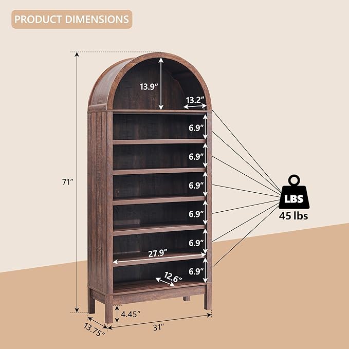 71" Tall Arched Shoe Storage Cabinet, 7 Tiers 28 Pairs Wooden Shoe Rack with 3 Adjustable Shelves, Freestanding Shoe Closet Shelf Organizer for Entryway, Hallway, Living Room-Brown-NeatNest
