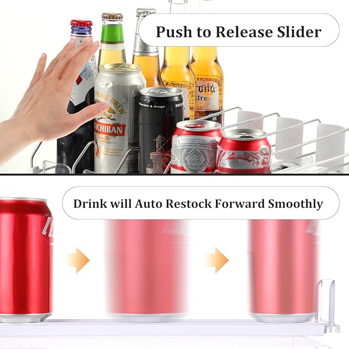 Drink Organizer for Fridge, Soda Can Organizer Dispenser for Refrigerator with Automatic Pusher Glide, Width Adjustable Clear Dividers Can Holder for 6-20oz Beverage, 15''D x15.4''W, 5 Rows