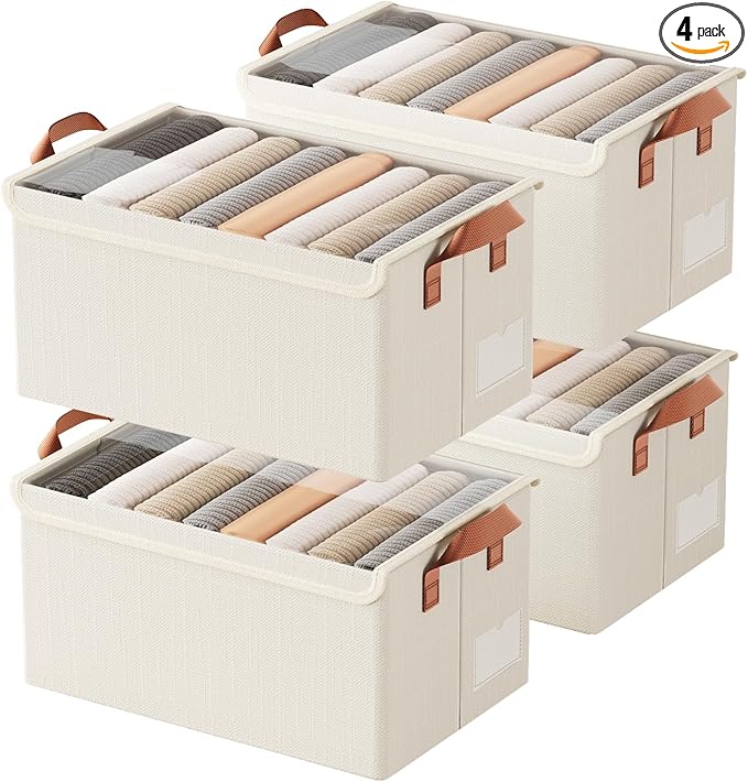 AARAINBOW Metal Frame Clothes Organizer Bins, Stackable Fabric Storage Bins with Lids, 4 Packs Fabric Boxes Foldable Closet Container for Clothes Toys, 23L (B White)-NeatNest