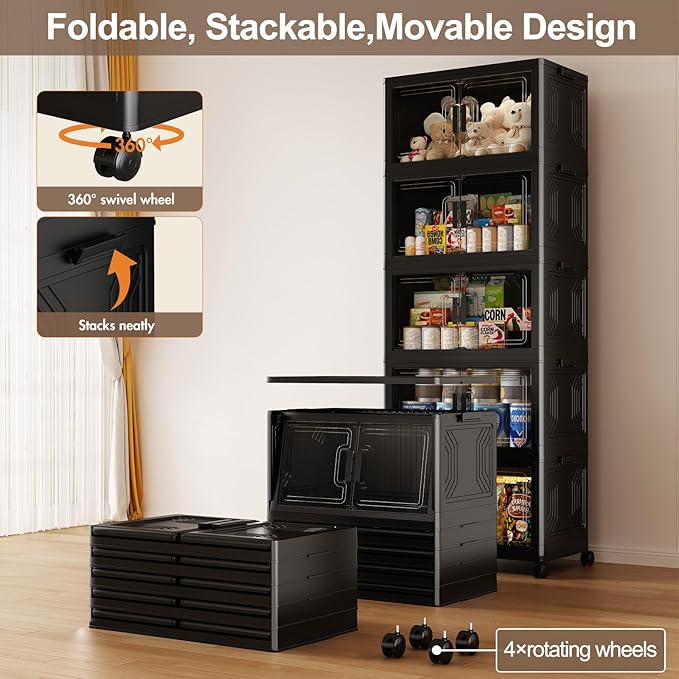 120GAL Stackable Storage Bins with Wheels and Lids, Collapsible Closet Organizers and Storage, Home Organization and Storage Cabinet, Plastic Clothes Storage Box Shelf, Black