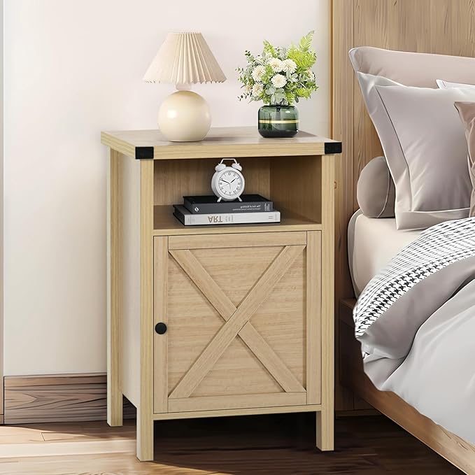 Farmhouse End Table, Side Table, Nightstang, End Table with Barn Door and Shelf, Rustic Modern Bed Night Stand for Bedroom, Living Room, Natural