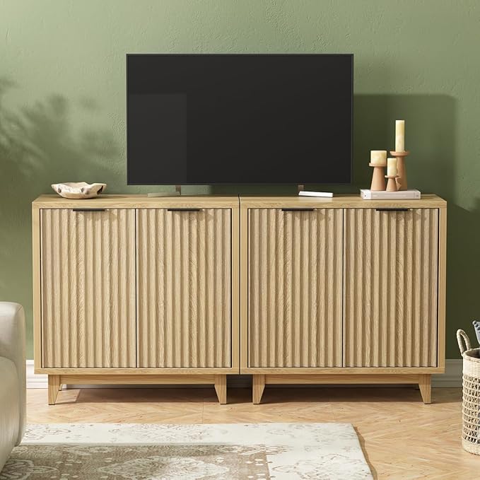 Fluted Cabinet with Storage, 2 Doors Sideboard Buffet, Mid Century Modern Accent Cabinet with Adjustable Shelves, Multifunctional Console Table with Storage for Living Room, Kitchen, Entryway