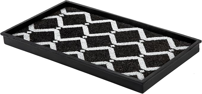 Anji Mountain Heavy Duty Waterproof Rubber Shoe Storage Mat Organizer/Boot Storage Multi Use for Entryway with Coir, Black and Ivory Diamond Insert, Fits 2 Pair (24.5" Wide)