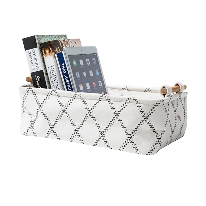 Decorative Collapsible Rectangular Fabric Storage Bin Organizer Basket with Wooden Handles for Clothes Storage,12.6x8.7x4.7 inch,White-NeatNest