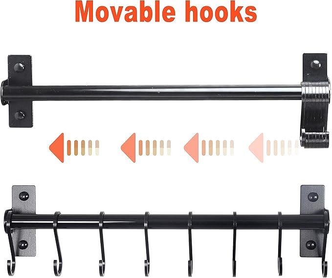 Dseap Kitchen Utensil Holder Hanger, Pot and Pan Rack Wall Mounted, Kitchen Rail with 8 Hooks for Hanging Cooking Utensils, Mugs, Spoons, Wall Mounted, Black-NeatNest